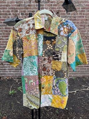 Vintage Patchwork Button-Down Shirt in Yellow, Green, Brown, Blue